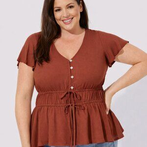 Torrid Peplum Top 4X 26 Madder Brown Babydoll Flutter Sleeve Waist Tie Gauze NWT
